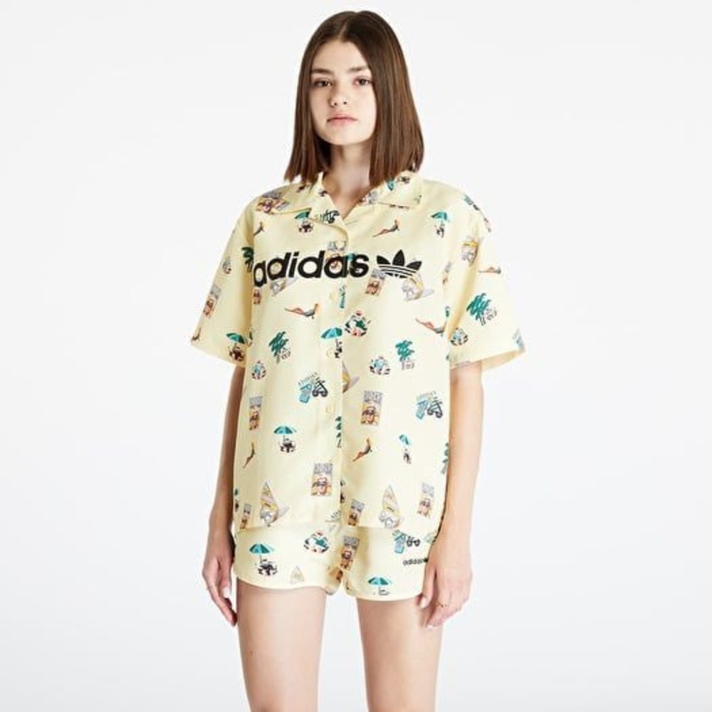 Adidas‎ Women's Yellow Button Front Beach Vacation Graphic Print Shirt Size L